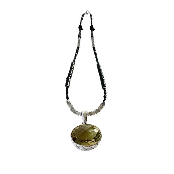 Big Lemon Citrine Carved Silver Pendant Black Onyx Labradorite Beaded Chain 20" - Picture 3 of 6